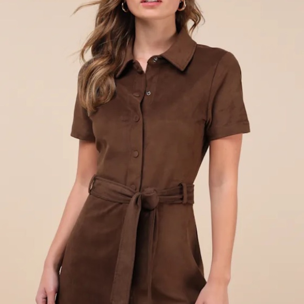 Jolene Brown Suede Button-Up Collared Mini Dress M NWOT